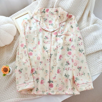 Top del pigiama in garza di cotone con motivo floreale e coniglietto - Beige - XL - image 0