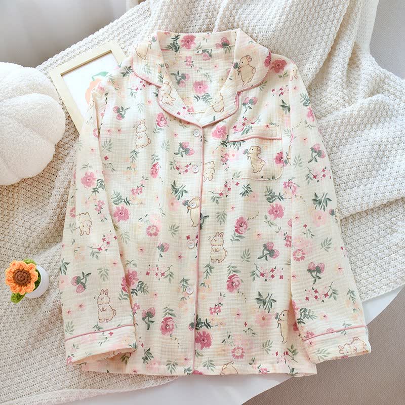 Top del pigiama in garza di cotone con motivo floreale e coniglietto - Beige - XL - image 0
