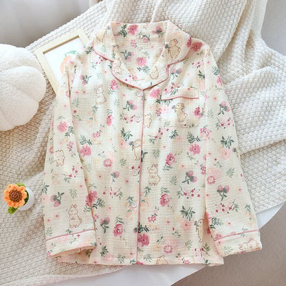 Top del pigiama in garza di cotone con motivo floreale e coniglietto - Beige - XL - image 0