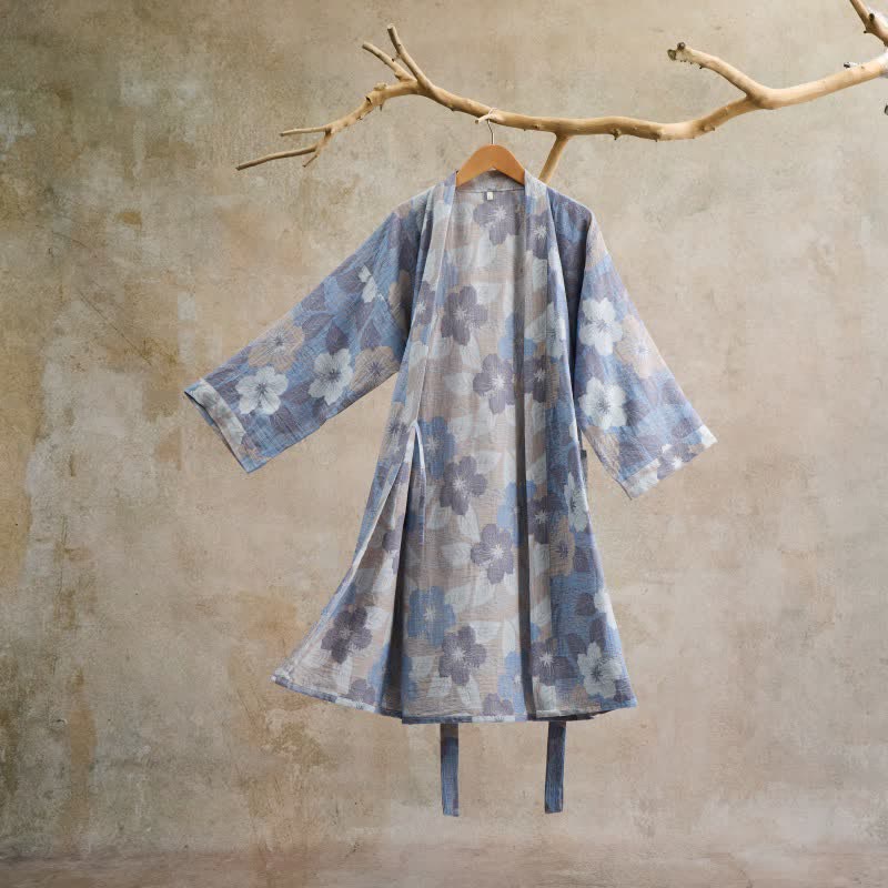 Kimono in garza di cotone con fiori di ciliegio - Grigio - L - image 0