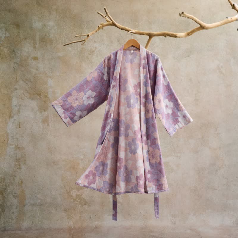 Kimono in garza di cotone con fiori di ciliegio - Viola - L - image 9