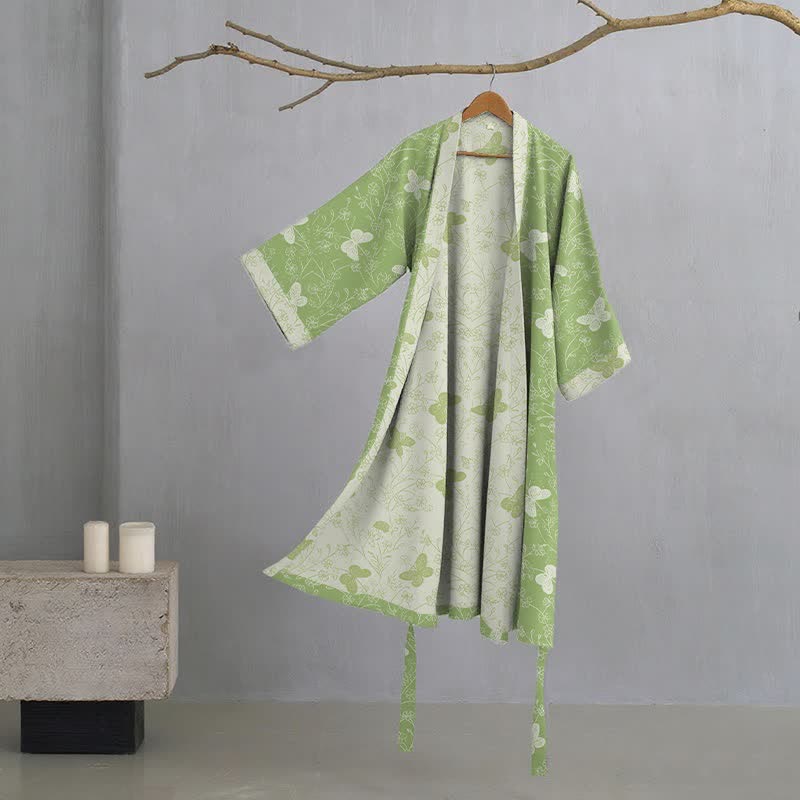 Kimono in cotone a doppia garza verde con farfalle - Verde - XL - image 0