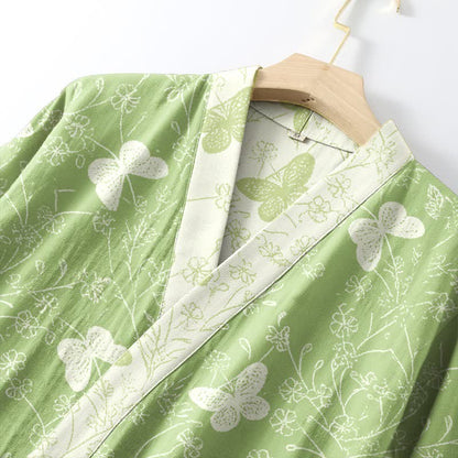 Kimono in cotone a doppia garza verde con farfalle - image 4