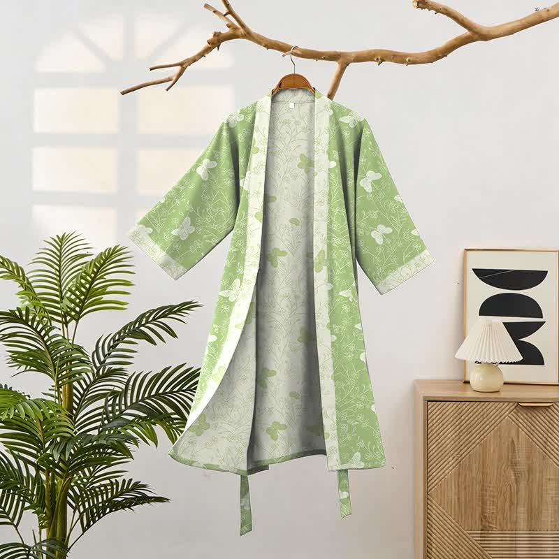 Kimono in cotone a doppia garza verde con farfalle - image 1