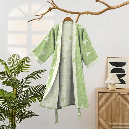 Kimono in cotone a doppia garza verde con farfalle - image 1
