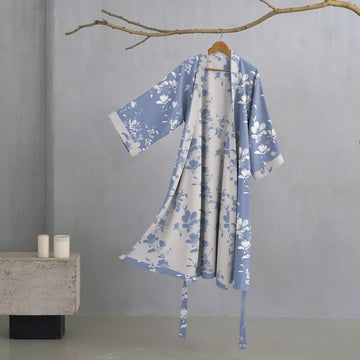 Kimono elegante in cotone a doppia garza con stampa floreale - Blu - 2XL - image 0