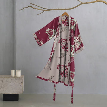 Lussuoso kimono in cotone a doppia garza color peonia - Vino - XL - image 0