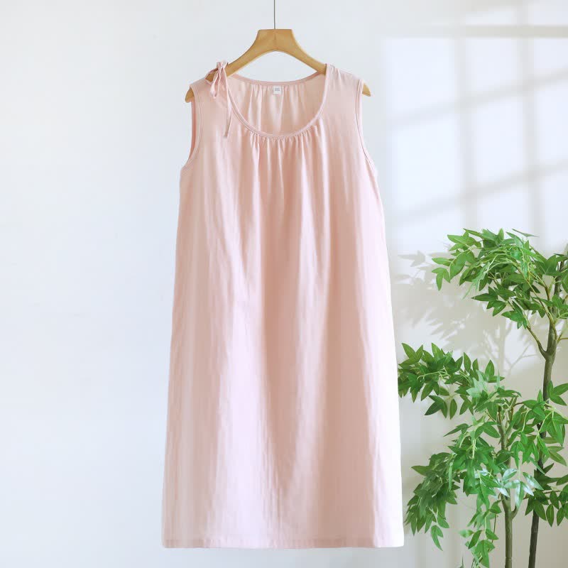 Camicia da notte minimalista senza maniche in cotone a tinta unita - Rosa - XL - image 7