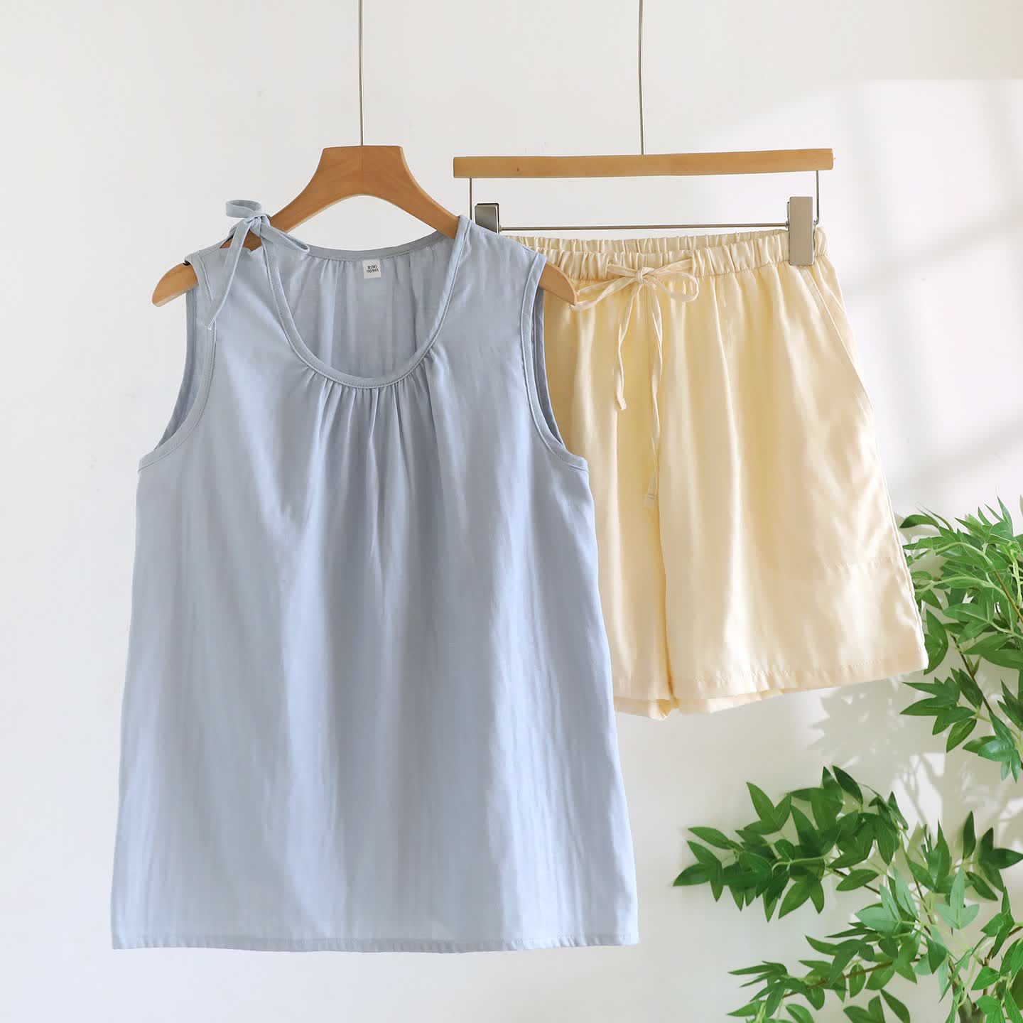 Pigiama senza maniche in cotone doppia garza - Blu e beige - XL - image 10