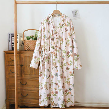 Vestaglia con scollo a balze in garza di cotone floreale - Beige - L - image 0