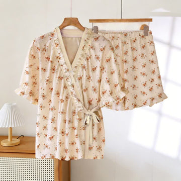 Pigiama con maniche a balze floreali in stile country - Beige - 3XL - image 0
