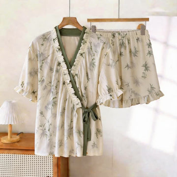 Elegante pigiama con maniche a balza in foglia di bambù - Beige e verde - 2XL - image 0