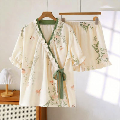 Pigiama rustico con maniche a balze e farfalle - Beige e verde - 2XL - image 0