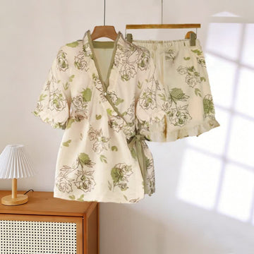Pigiama con maniche a volant e motivo artistico a forma di rosa - Beige e verde - 3XL - image 0