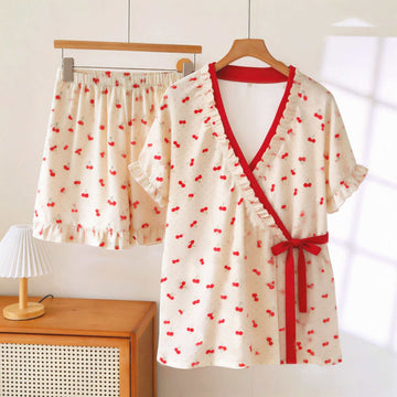 Pigiama con maniche a volant e pois ciliegia - Beige e rosso - 3XL - image 0