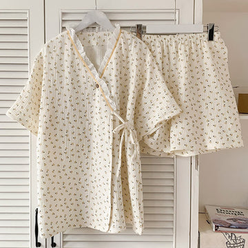 Pigiama in cotone con stampa floreale e kimono a maniche corte - image 0