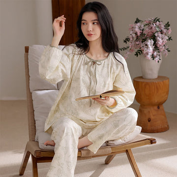 Homewear a maniche lunghe in due pezzi in cotone floreale - Verde  - 2XL - image 0
