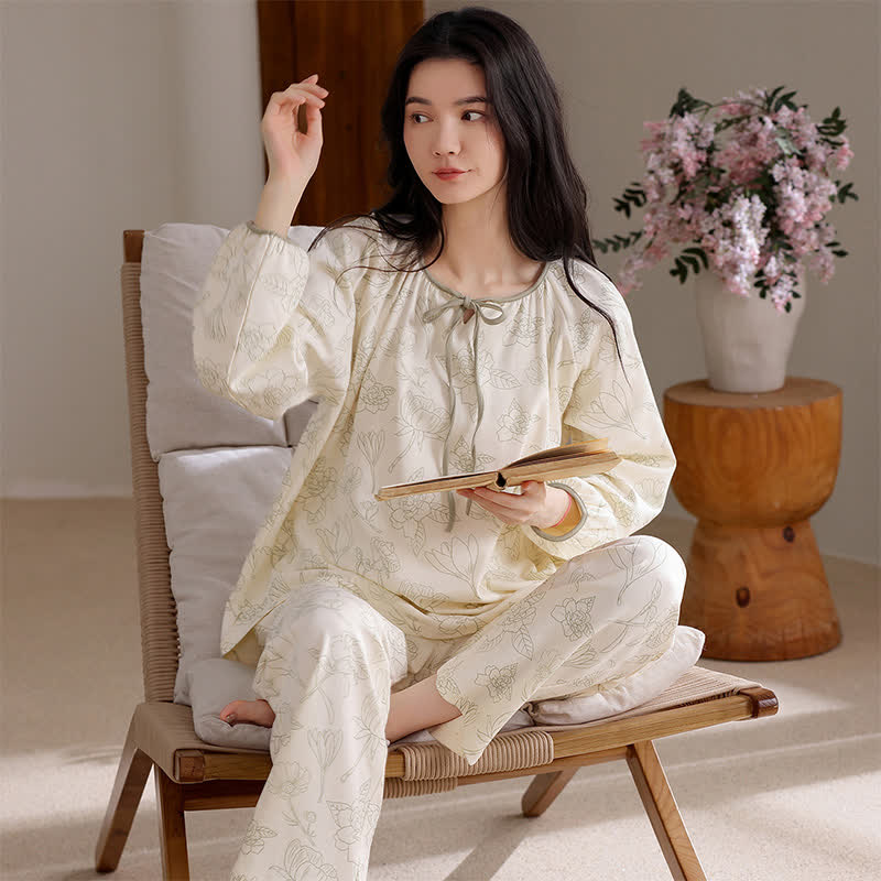 Homewear a maniche lunghe in due pezzi in cotone floreale - Verde  - 2XL - image 0