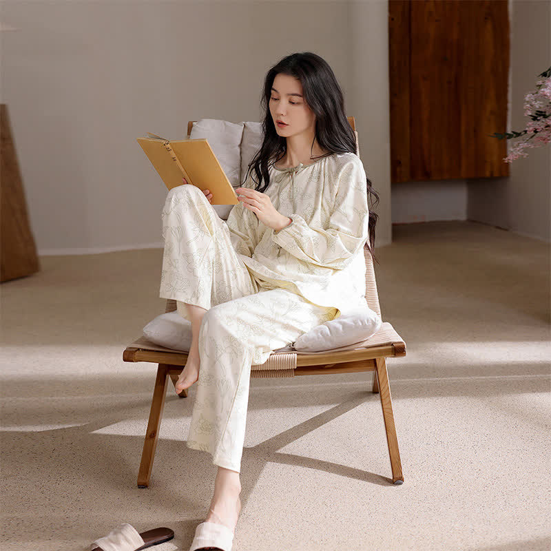 Homewear a maniche lunghe in due pezzi in cotone floreale - image 1
