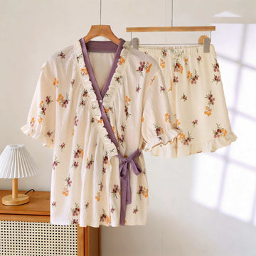 Pigiama con maniche a balze e motivo rustico di bacche - Beige e viola - 2XL - image 0