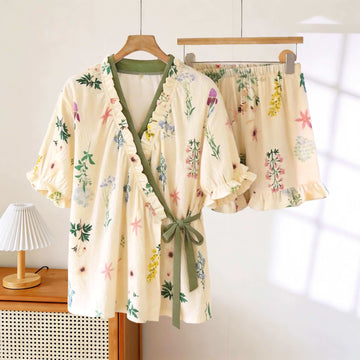 Pigiama con maniche a balze e stampa botanica di ortensie - Beige e rosso - 3XL - image 0
