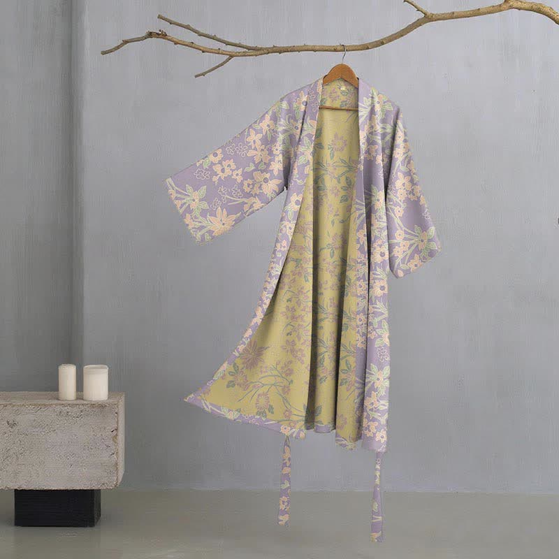 Accappatoio vintage in cotone jacquard con motivo floreale rustico - Viola - 2XL - image 14