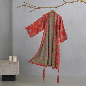 Accappatoio vintage in cotone jacquard con motivo floreale rustico - Rosso - 2XL - image 0