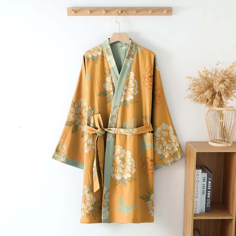Kimono in garza di cotone color peonia gialla - image 2