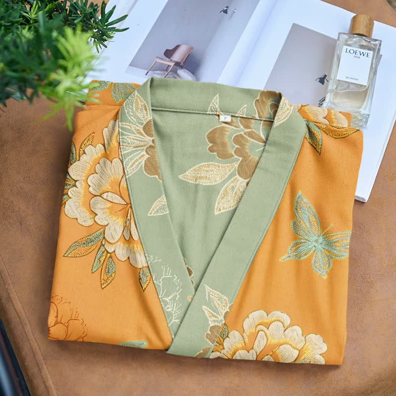 Kimono in garza di cotone color peonia gialla - image 3