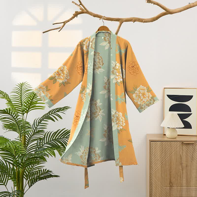 Kimono in garza di cotone color peonia gialla - image 1