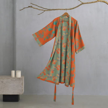 Kimono in garza di cotone con motivo floreale artistico - Arancia - XL - image 0