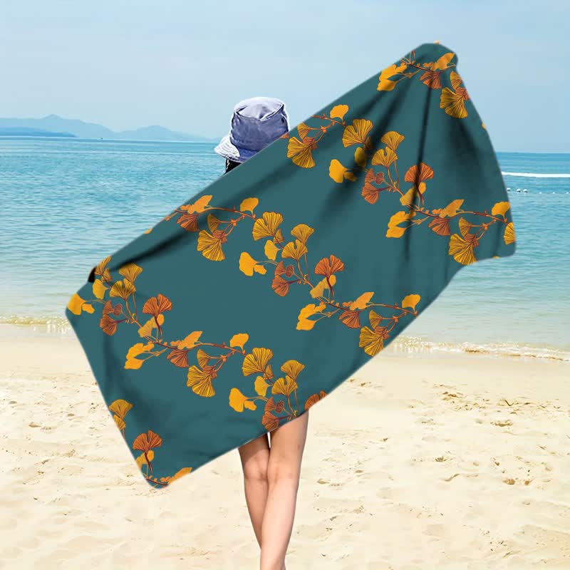 Telo mare con foglie di Ginkgo naturale - Verde scuro - 150cm x 70cm - image 24
