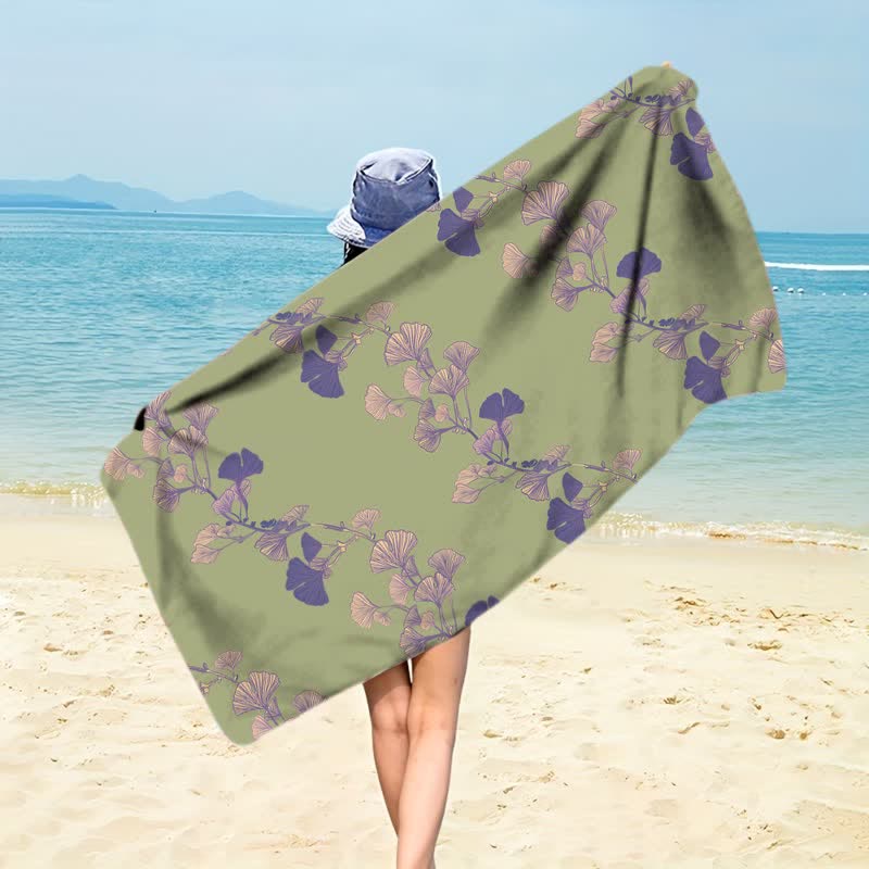 Telo mare con foglie di Ginkgo naturale - Viola e verde - 150cm x 70cm - image 36