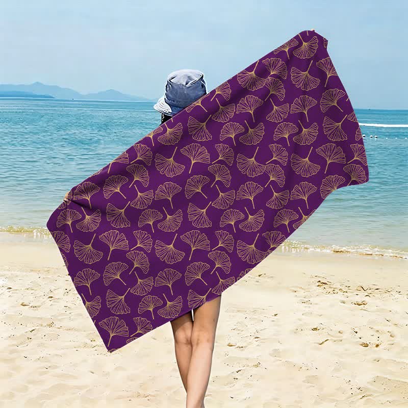 Telo mare con disegno a linee di foglie di Ginkgo - Viola - 150cm x 70cm - image 12