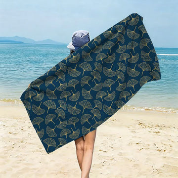Telo mare con disegno a linee di foglie di Ginkgo - Blu navy - 150cm x 70cm - image 0