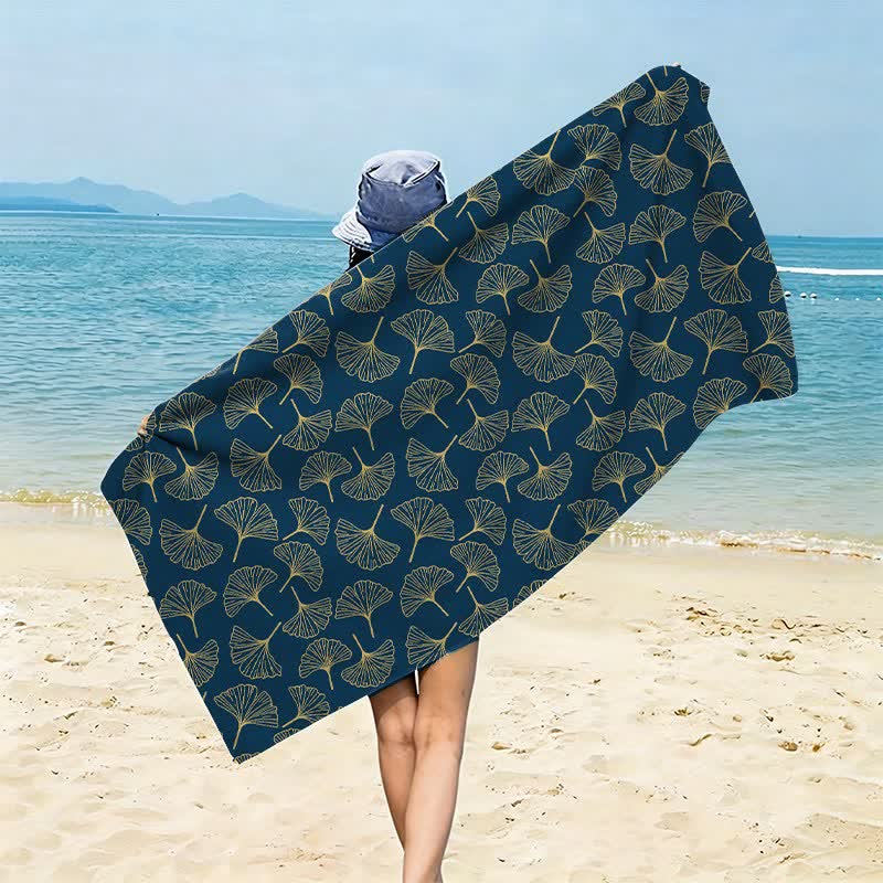 Telo mare con disegno a linee di foglie di Ginkgo - Blu navy - 150cm x 70cm - image 0