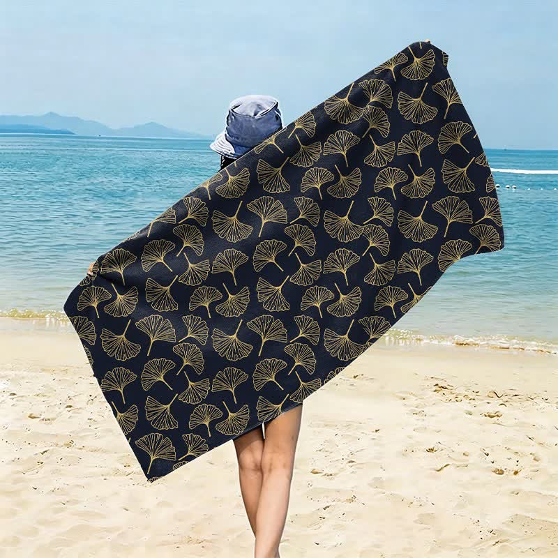 Telo mare con disegno a linee di foglie di Ginkgo - Nero - 150cm x 70cm - image 4