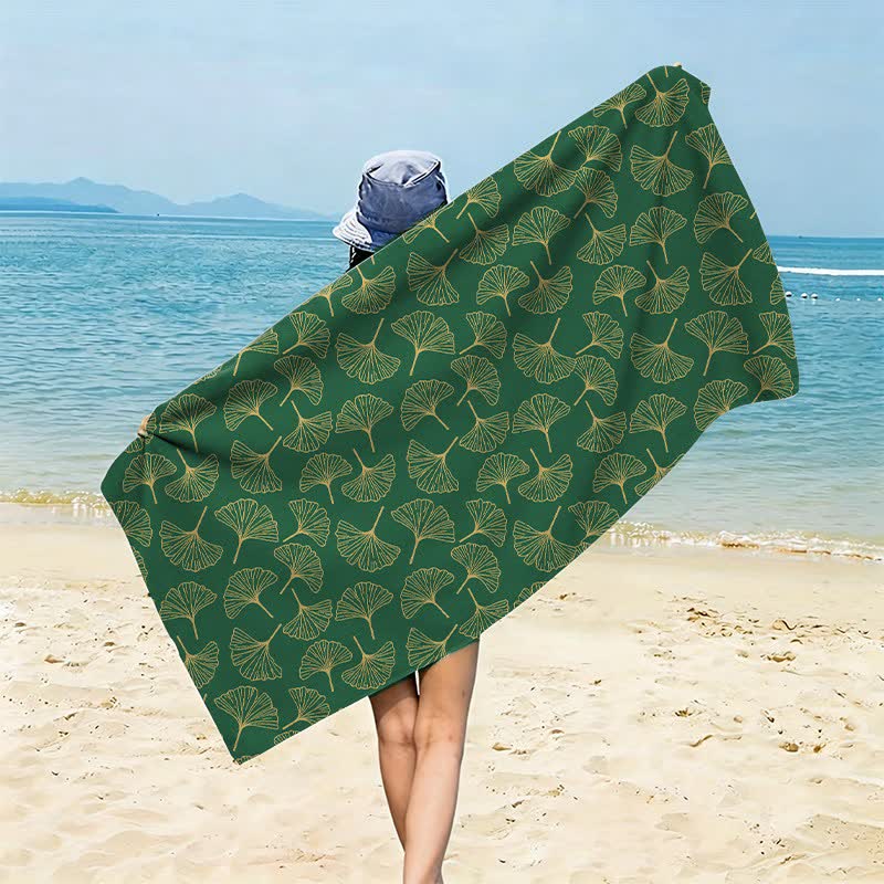 Telo mare con disegno a linee di foglie di Ginkgo - Verde - 150cm x 70cm - image 8