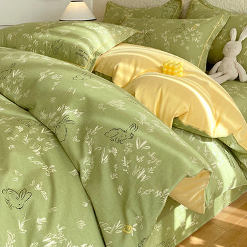 Set di biancheria da letto in cotone spazzolato con motivo coniglietto e foglia - Verde - Set di biancheria da letto (4 pezzi) - Matrimoniale - image 0