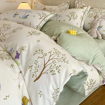 Set di biancheria da letto in cotone spazzolato con coniglietto e albero - Bianco - Set di biancheria da letto (4 pezzi) - Matrimoniale - image 0