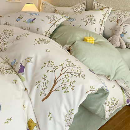 Set di biancheria da letto in cotone spazzolato con coniglietto e albero - Bianco - Set di biancheria da letto (4 pezzi) - Matrimoniale - image 0