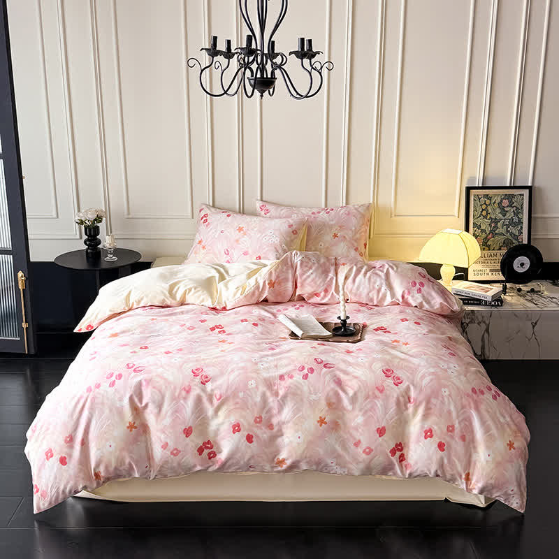 Elegante set di biancheria da letto in cotone con stampa floreale rosa. - image 1