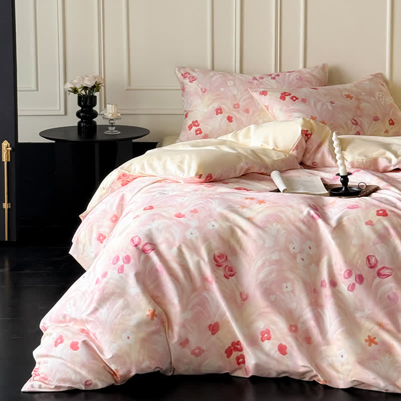 Elegante set di biancheria da letto in cotone con stampa floreale rosa. - Rosa - Set di biancheria da letto (4 pezzi) - Matrimoniale Grande - image 0