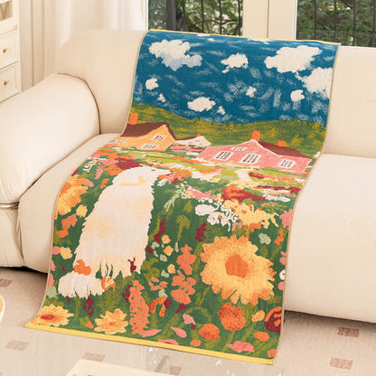 Affascinante coperta di cotone a tema villaggio primaverile - 75cm x 160cm - image 1