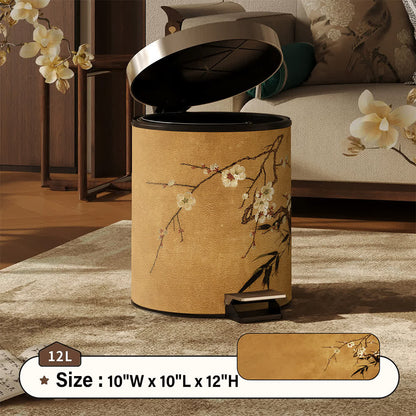 Cestino per rifiuti in pelle con motivo a fiori di prugno orientale. - Pedale - 25 x 25 x 32cm) - image 7