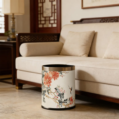 Cestino per rifiuti in pelle stile Chinoiserie con peonia e uccellino - image 2