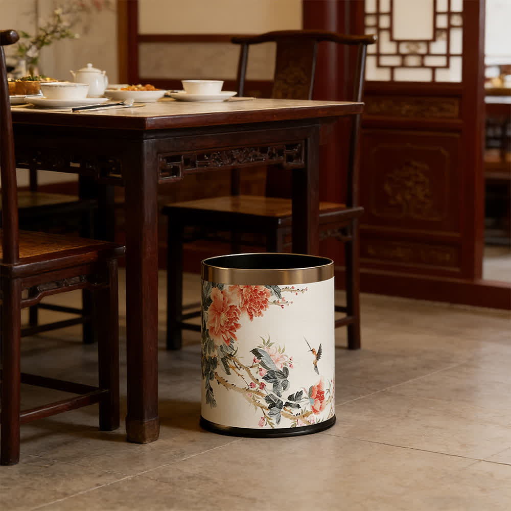 Cestino per rifiuti in pelle stile Chinoiserie con peonia e uccellino - image 1