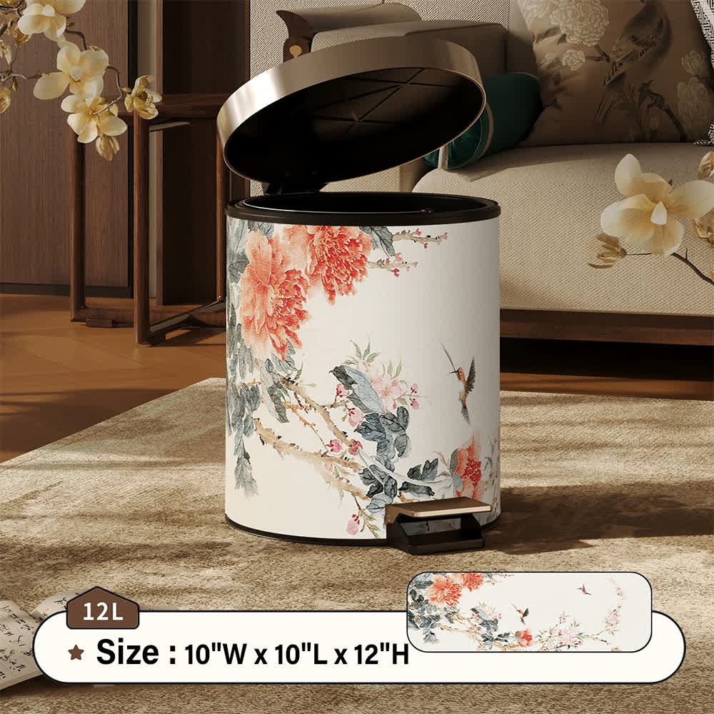 Cestino per rifiuti in pelle stile Chinoiserie con peonia e uccellino - Pedale - 25 x 25 x 32cm) - image 5