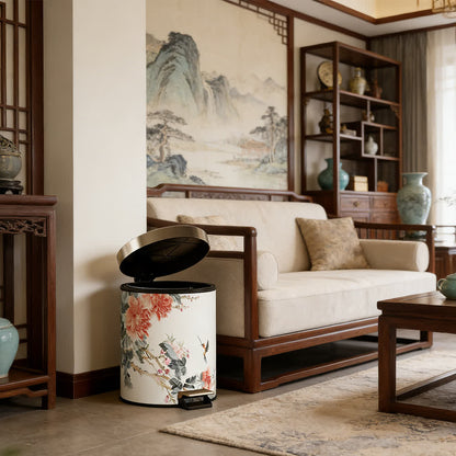 Cestino per rifiuti in pelle stile Chinoiserie con peonia e uccellino - image 7