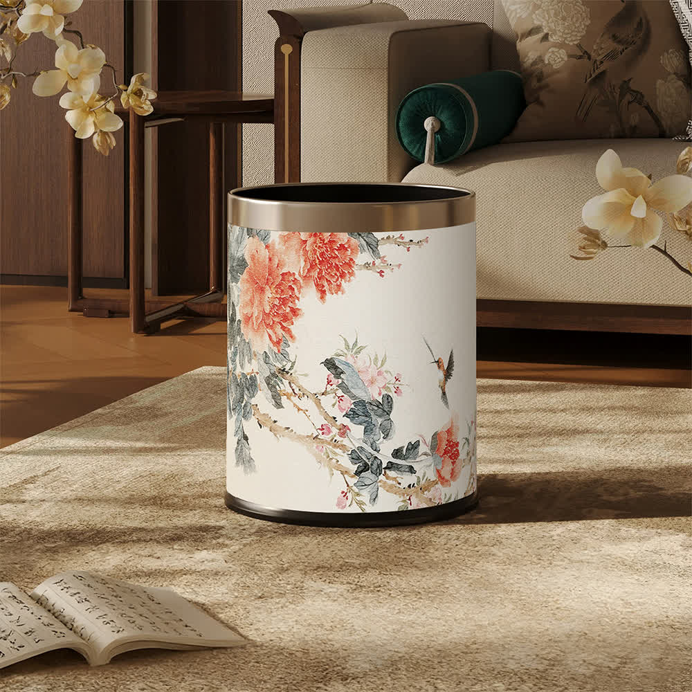Cestino per rifiuti in pelle stile Chinoiserie con peonia e uccellino - image 0